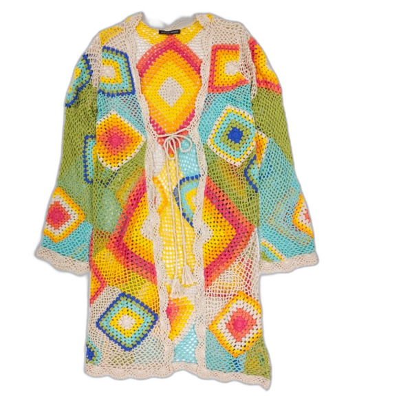 BOSTON PROPER Vibrant Crochet Duster Knit 70s Grandma Boho Hippie Artsy Festival - Picture 1 of 11